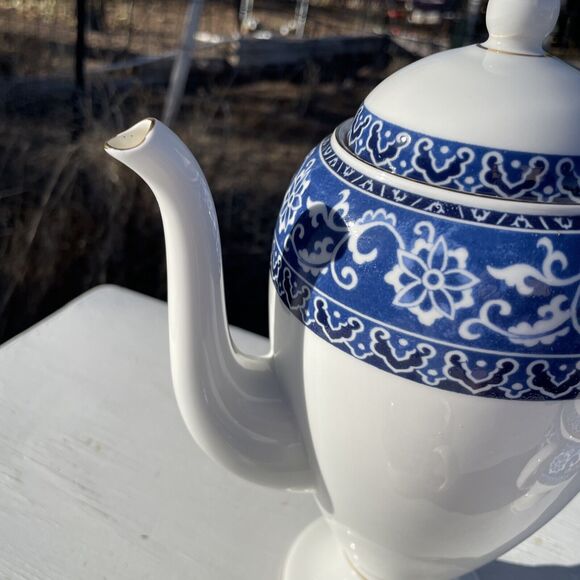 Wedgwood Blue Bokhara Coffee Pot with Gold Trim Sugar Bowl Creamer Set service - Picture 5 of 16